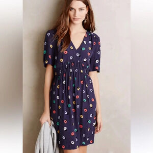 Anthropologie Navy Midi Dress with Multicolor Floral Dots